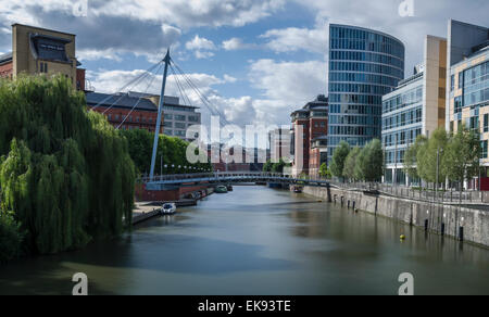 Valentine's Bridge and the Temple Quay area of Bristol, with its mix of old and modern architecture. Long exposure. Stock Photo