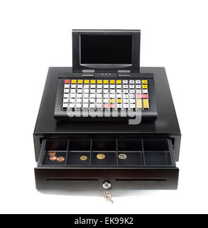 A modern cash register on a white background. Drawer is open. Stock Photo