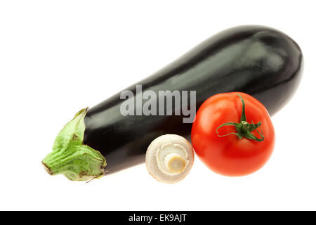 eggplant, mushrooms and tomatoes isolated on white Stock Photo