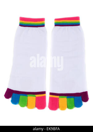 Pair of white socks with colored fingers. Isolate on white. Stock Photo