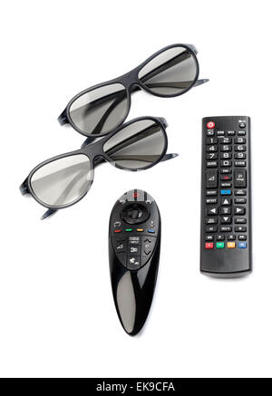 Two pairs of 3D glasses and remote control TV. Isolate on white Stock Photo