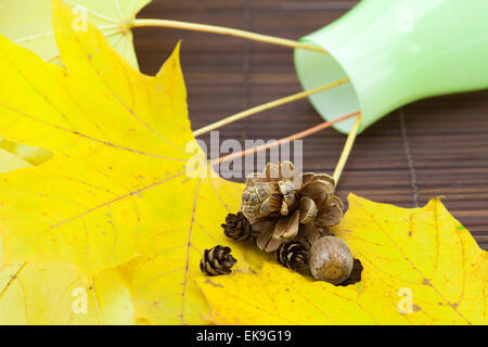 yellow maple leaves and buds in a vase on a bamboo mat Stock Photo