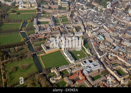 aerial view of Cambridge city centre UK. This view looking North with the River Cam on the left, and the University including Kings College prominent Stock Photo