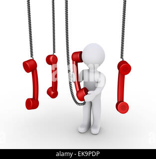 Person talking on phone receiver and others hanging from above Stock Photo
