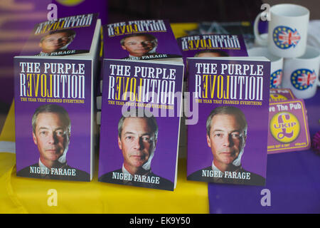UK Elections, Ramsgate, Kent, South Thanet, UK 08th April 2015 UKIP Leader Nigel Farage's book 'The Purple Revolution' in the window of the UKIP Ramsgate, South Thanet election campaign offices which is being fiercley fought over by several candidates including Nigel Farage, leader of UKIP. Credit:  Jeff Gilbert/Alamy Live News Stock Photo