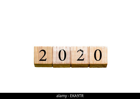 Year 2020. Wooden small cubes with numbers isolated on white background with copy space available. New Year Concept image. Stock Photo