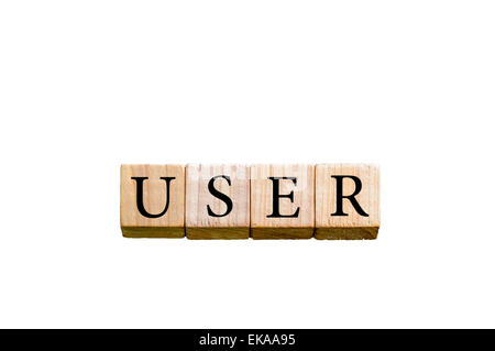 Word USER. Wooden small cubes with letters isolated on white background with copy space available. Concept image. Stock Photo