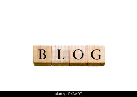 Word BLOG. Wooden small cubes with letters isolated on white background with copy space available. Concept image. Stock Photo