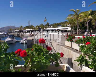 Puerto Calero marina restaurants and bars at Puerto Calero Marina resort Lanzarote Canary Islands Spain Stock Photo