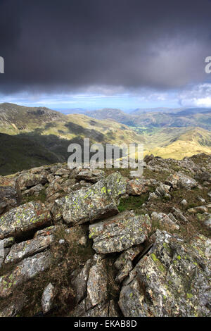 Landscape view over the Dovedale valley, from the Summit ridge of Dove Crag fell, Fairfield Horseshoe fells, Lake District Stock Photo