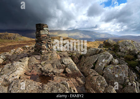 The Ordinance Survey Trig point at the summit of High Seat Fell, Lake District National Park, Cumbria County, England, UK. Stock Photo