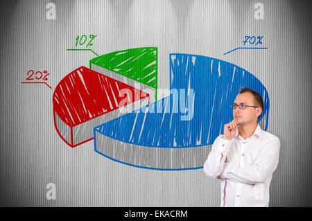businessman thinking and drawing pie chart on  concrete wall Stock Photo
