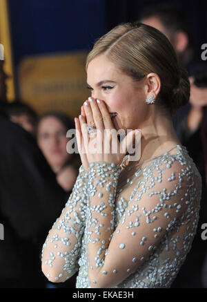 LOS ANGELES, CA - MARCH 1, 2015: Downton Abbey star Lily James at the world premiere of her movie 'Cinderella' at the El Capitan Theatre, Hollywood. Stock Photo