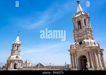 The twin spires on the roof of the cathedral in the historic center of Arequipa, Peru Stock Photo