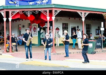 The Sax Summit Jazz band playing in front of the Peel Inn Nundle during the Go for Gold Chinese Festival Stock Photo