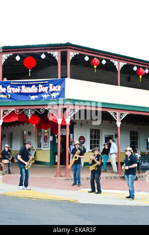 The Sax Summit Jazz band playing in front of the Peel Inn Nundle during the Go for Gold Chinese Festival Stock Photo