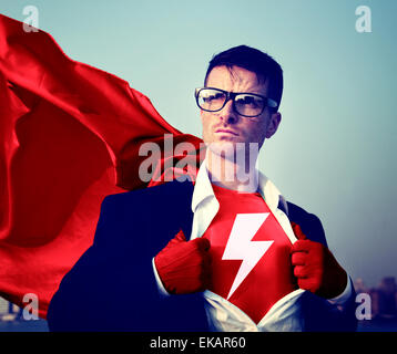 Strong Superhero Businessman Lightning Bolt Concepts Stock Photo