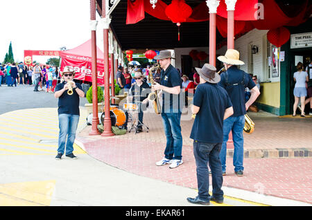 The Sax Summit Jazz band playing in front of the Peel Inn Nundle during the Go for Gold Chinese Festival Stock Photo