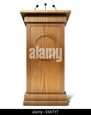 A wooden speech podium with three small microphones attached on an isolated white studio background Stock Photo