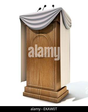 A wooden speech podium with three small microphones attached and decorated with generic white draping on an isolated white studi Stock Photo