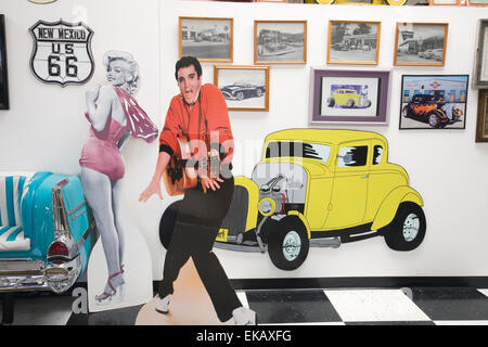 Life size cutouts of Elvis Presley and Marilyn Monroe greet visitors at the Route 66 Museum in Santa Rosa, New Mexico. Stock Photo