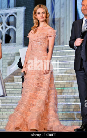 Tokyo, Japan. 8th Apr, 2015. Actress Lily James attends a Japan premiere for 'Cinderella' at Roppongi Hills arena in Tokyo, Japan, on April 8, 2015./picture alliance Credit:  dpa/Alamy Live News Stock Photo