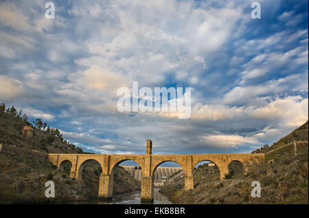 Roman bridge of Alcantara. Dates from de II century B.C. It was very important over the history as a strategic point to cross th Stock Photo