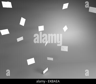 White Mail Envelops Flying in the Air in the Gray Room Stock Photo