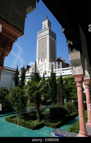 The minaret and garden, Paris Great Mosque, Paris, France, Europe Stock Photo