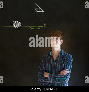 Man thinking of golf blackboard background Stock Photo