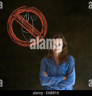 No war pacifist business woman, student, teacher or politician on blackboard background Stock Photo