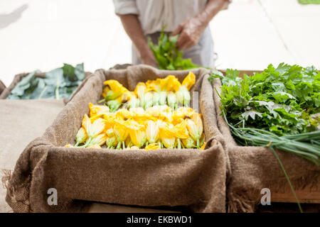 Farmer selling organic vegetables on stall Stock Photo
