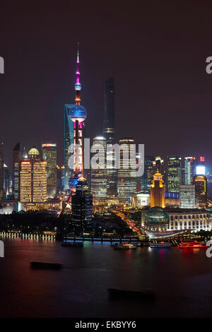 Oriental Pearl Tower at night,  Shanghai Tower (under construction) and Shanghai World Financial Centre Pudong, Shanghai, China Stock Photo
