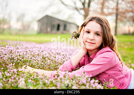 Girl Spring portrait flowers Stock Photo