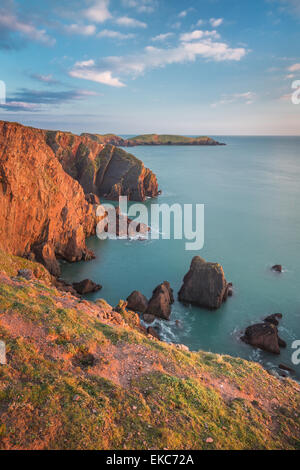 Castles Bay to Sheep Island on the Pembrokeshire coastline on a spring evening. Wales Stock Photo