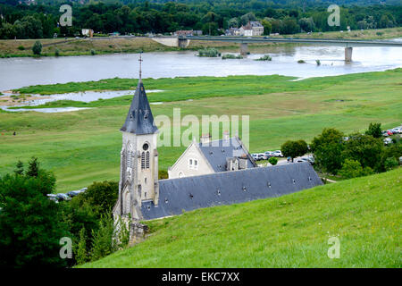 View of Chaumont-sur-Loire church and River Loire from Chaumont Castle,  France Stock Photo