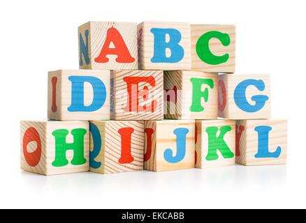 alphabet wood bricks tower or wall isolated on white Stock Photo