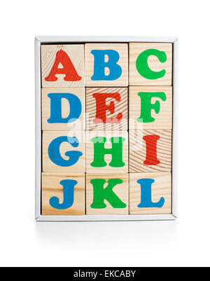 alphabet wood bricks in box isolated on white Stock Photo