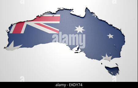 The shape of the country of Australia in the colours of its national flag currency recessed into an isolated white surface Stock Photo