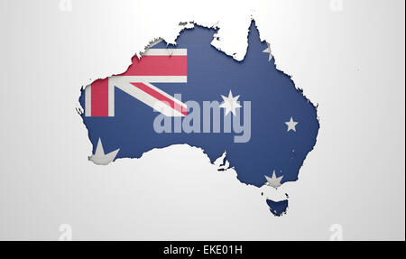 The shape of the country of Australia in the colours of its national flag currency recessed into an isolated white surface Stock Photo