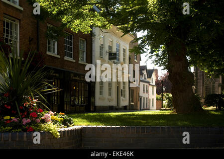 Shrewsbury town centre. Early morning sunshine in the attractive narrow streets of the medieval Shropshire town. Summer 2014. Stock Photo