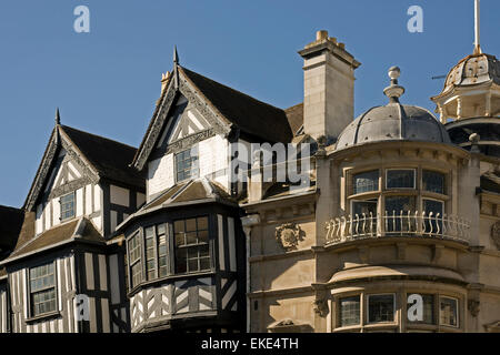 Shrewsbury town centre: Upper storeys of grand architecture on the corner of High Street and Mardol Head. Stock Photo