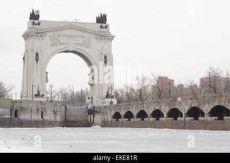 Arch Gateway to the pier 1 Volga-Don Canal Lenin winter Stock Photo