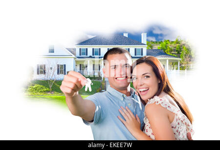 Military Couple with Keys Over House Photo in Cloud on White Background. Stock Photo