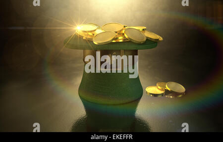 A green material leprechaun hat with a brown leather band emblazened with a gold shamrock and buckle filled with gold coins on a Stock Photo