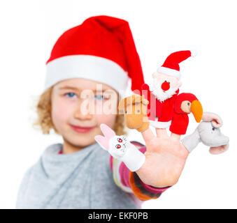 Happy girl playing with finger puppets Stock Photo