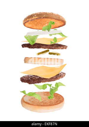 Delicious hamburger with flying ingredients on white background Stock Photo