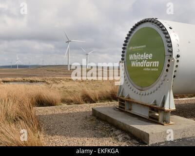 Turbine blade with bolts surrounding the Whitelee windfarm visitor centre entrance sign. Stock Photo