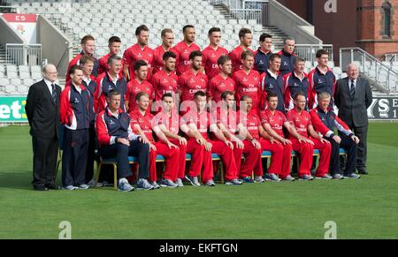 Manchester, UK 10th April 2015 The Lancashire squad pose in their NatWest T20 Blast kit for the team photo at the Annual Press Day at Emirates Old Trafford. Lancashire Cricket Club Press Day, Manchester UK Credit:  John Fryer/Alamy Live News Stock Photo