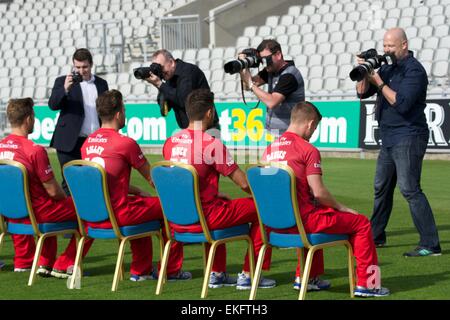 Manchester, UK 10th April 2015 The Lancashire squad pose in their NatWest T20 Blast kit for individual photos  at the Annual Press Day at Emirates Old Trafford. Lancashire Cricket Club Press Day, Manchester UK Credit:  John Fryer/Alamy Live News Stock Photo